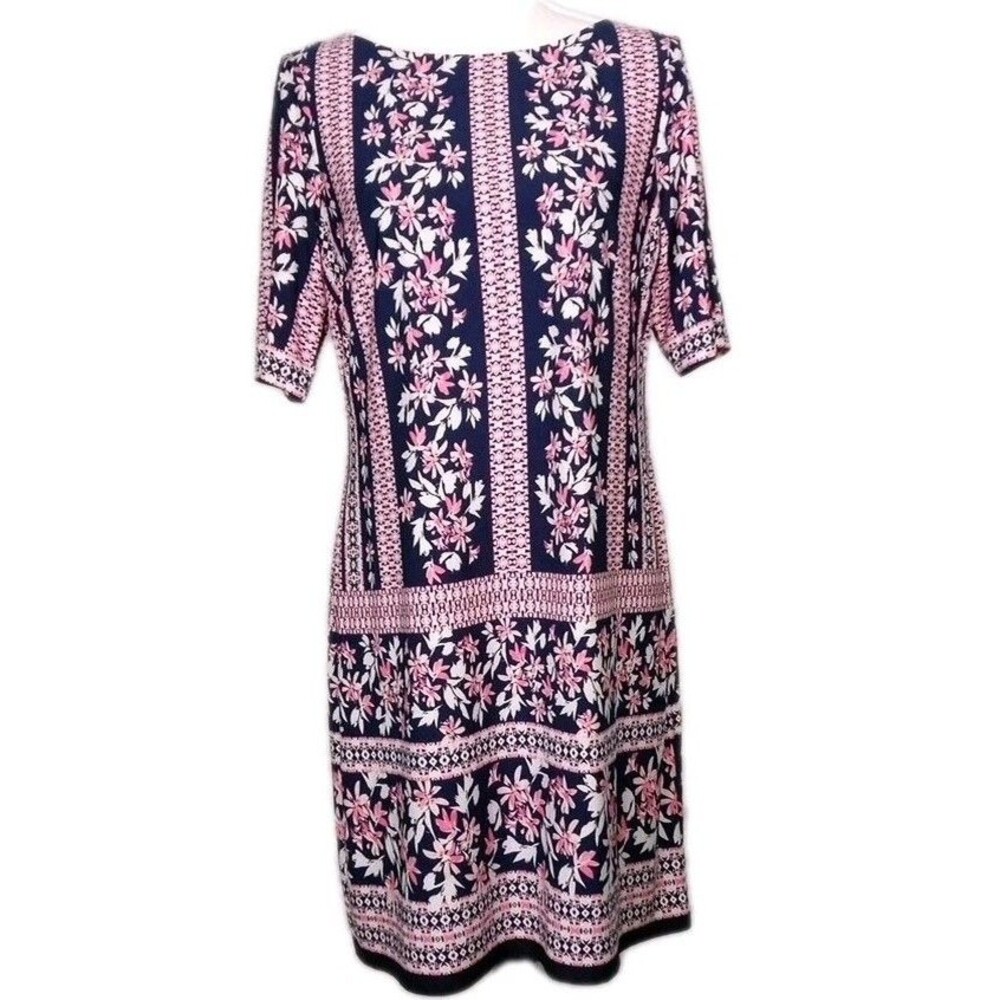 Eliza J Shift Dress 10 P Short Sleeve Geometric Floral Pink Gold Zip Palm Beach